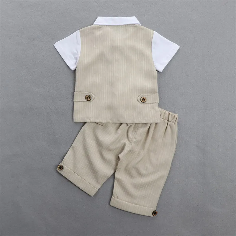 2 Pieces Set Baby Kid Boys Birthday Striped Color-blocking Bow Tops And Shorts Wholesale 22092014