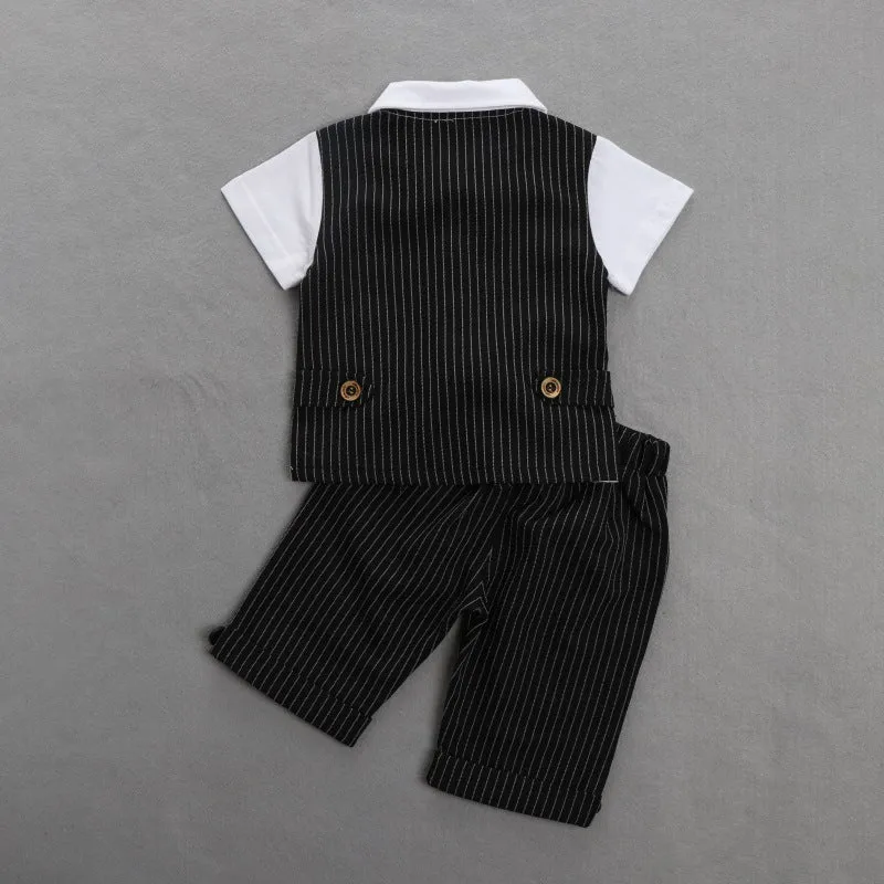 2 Pieces Set Baby Kid Boys Birthday Striped Color-blocking Bow Tops And Shorts Wholesale 22092014