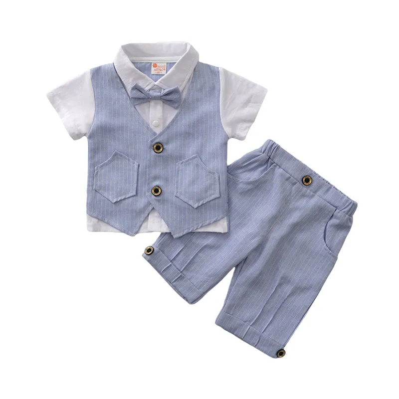 2 Pieces Set Baby Kid Boys Birthday Striped Color-blocking Bow Tops And Shorts Wholesale 22092014