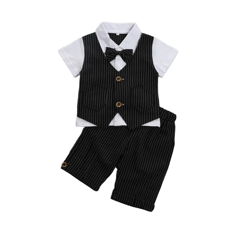 2 Pieces Set Baby Kid Boys Birthday Striped Color-blocking Bow Tops And Shorts Wholesale 22092014