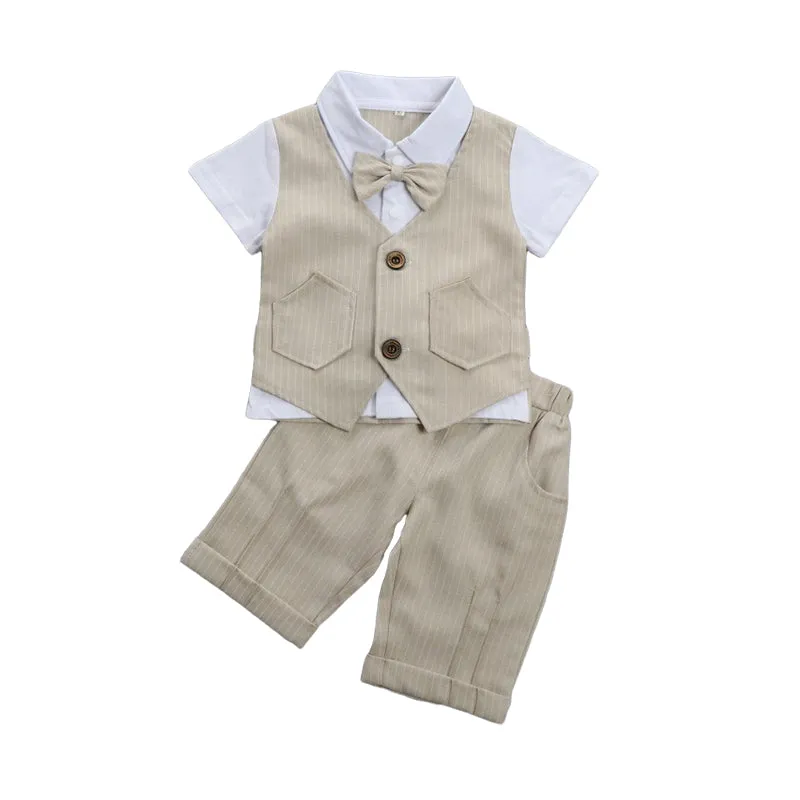 2 Pieces Set Baby Kid Boys Birthday Striped Color-blocking Bow Tops And Shorts Wholesale 22092014
