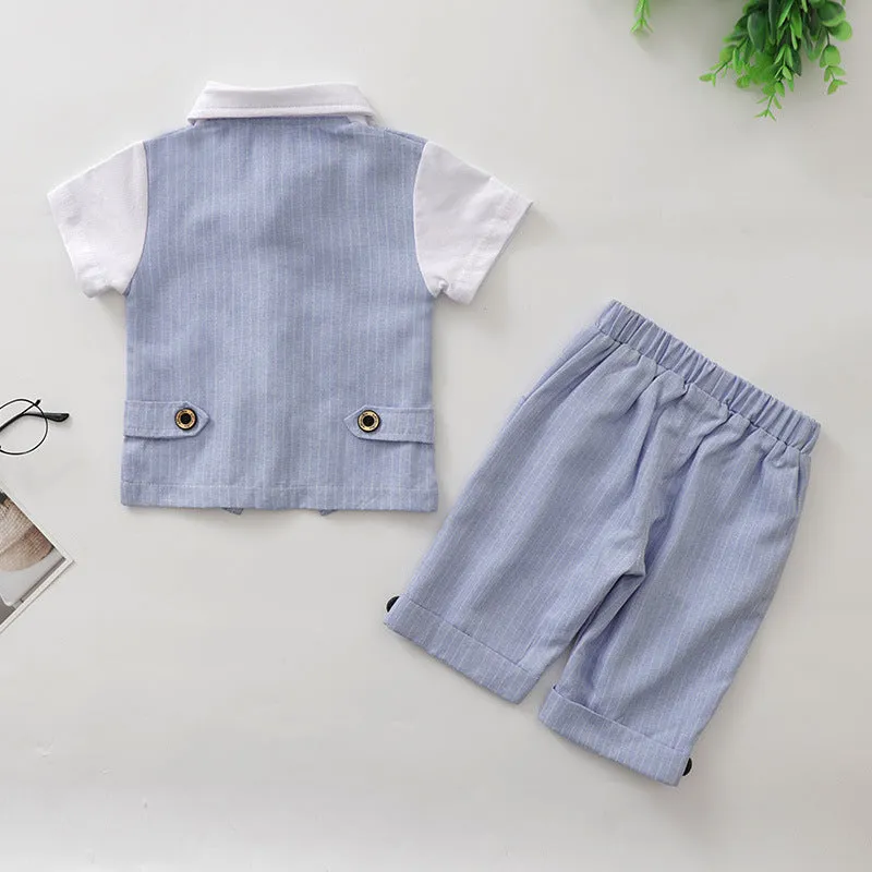 2 Pieces Set Baby Kid Boys Birthday Striped Color-blocking Bow Tops And Shorts Wholesale 22092014