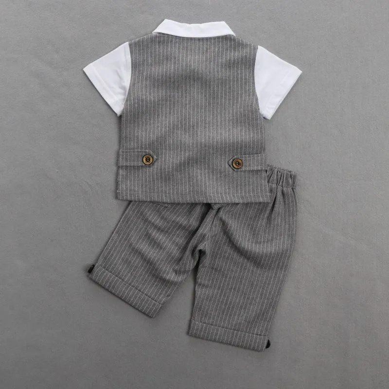 2 Pieces Set Baby Kid Boys Birthday Striped Color-blocking Bow Tops And Shorts Wholesale 22092014