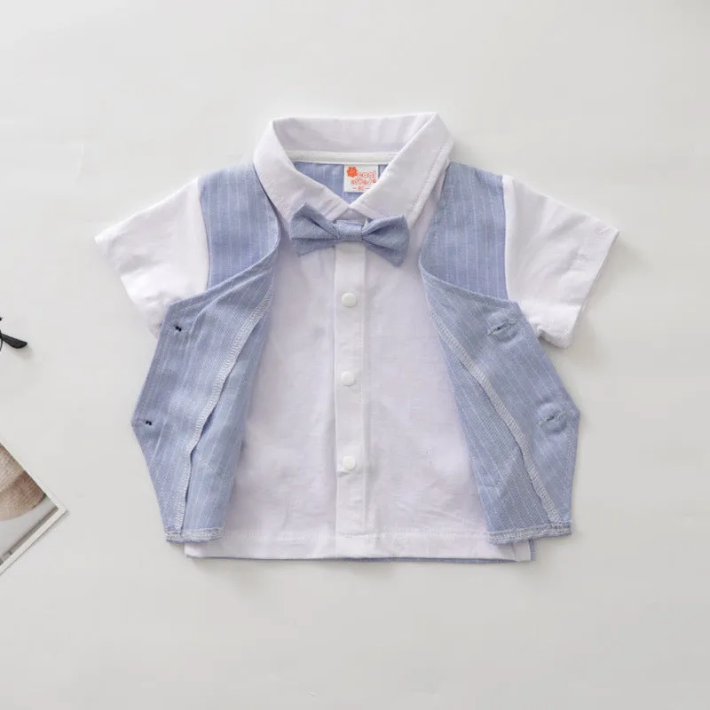 2 Pieces Set Baby Kid Boys Birthday Striped Color-blocking Bow Tops And Shorts Wholesale 22092014