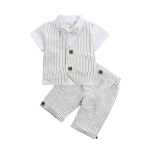 2 Pieces Set Baby Kid Boys Birthday Striped Color-blocking Bow Tops And Shorts Wholesale 22092014