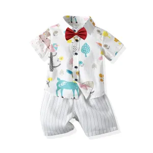 2 Pieces Set Baby Kid Boys Dressy Birthday Party Animals Bow Print Shirts And Striped Shorts Wholesale 211109664