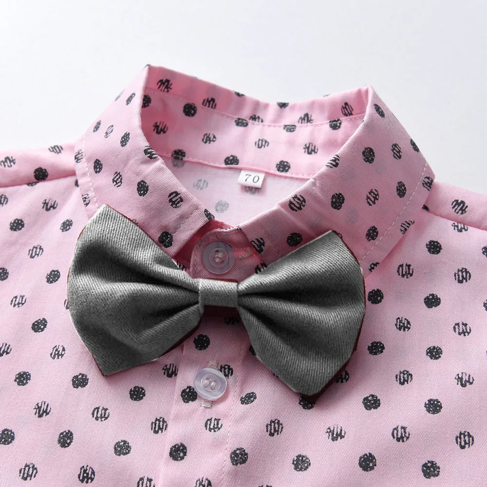 2 Pieces Set Baby Kid Boys Dressy Polka dots Bow Print Shirts And Solid Color Shorts Suits Wholesale 220526417