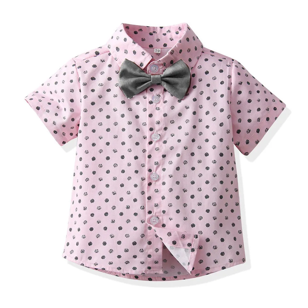 2 Pieces Set Baby Kid Boys Dressy Polka dots Bow Print Shirts And Solid Color Shorts Suits Wholesale 220526417