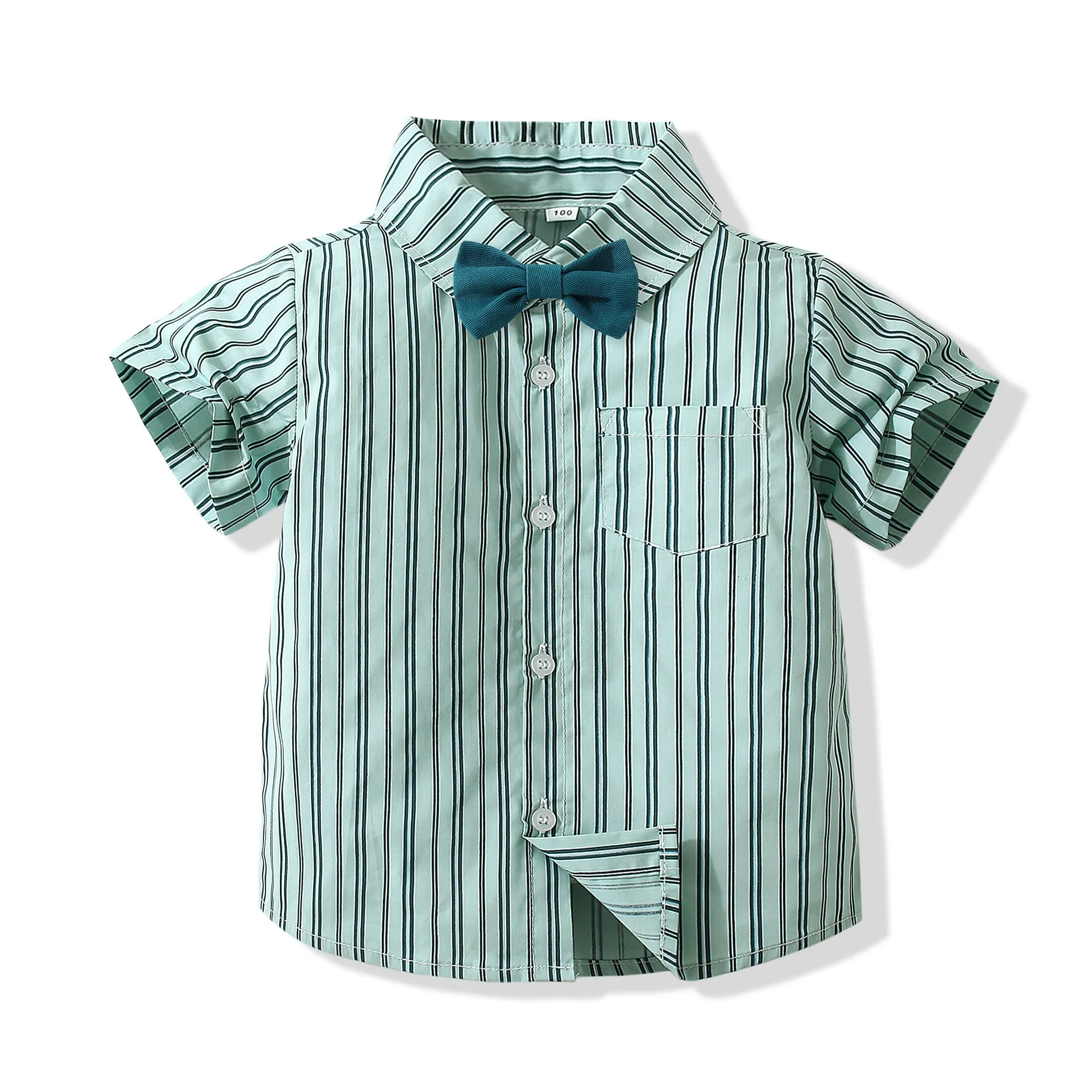 2 Pieces Set Baby Kid Boys Dressy Striped Bow Shirts And Solid Color Shorts Wholesale 220425284