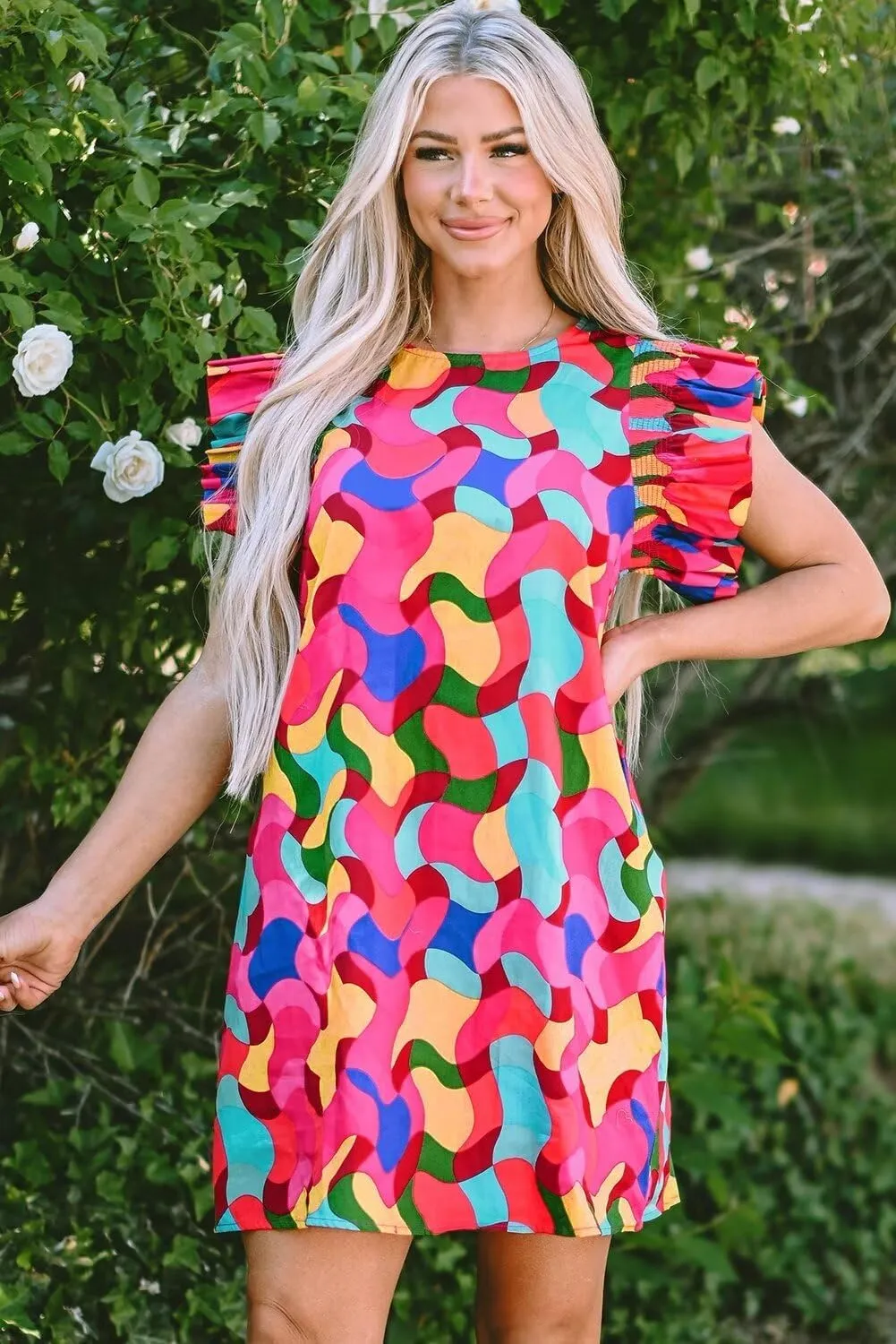 2024 Women's Summer Mini Dress Abstract Print Ruffle Sleeve Shift Dress