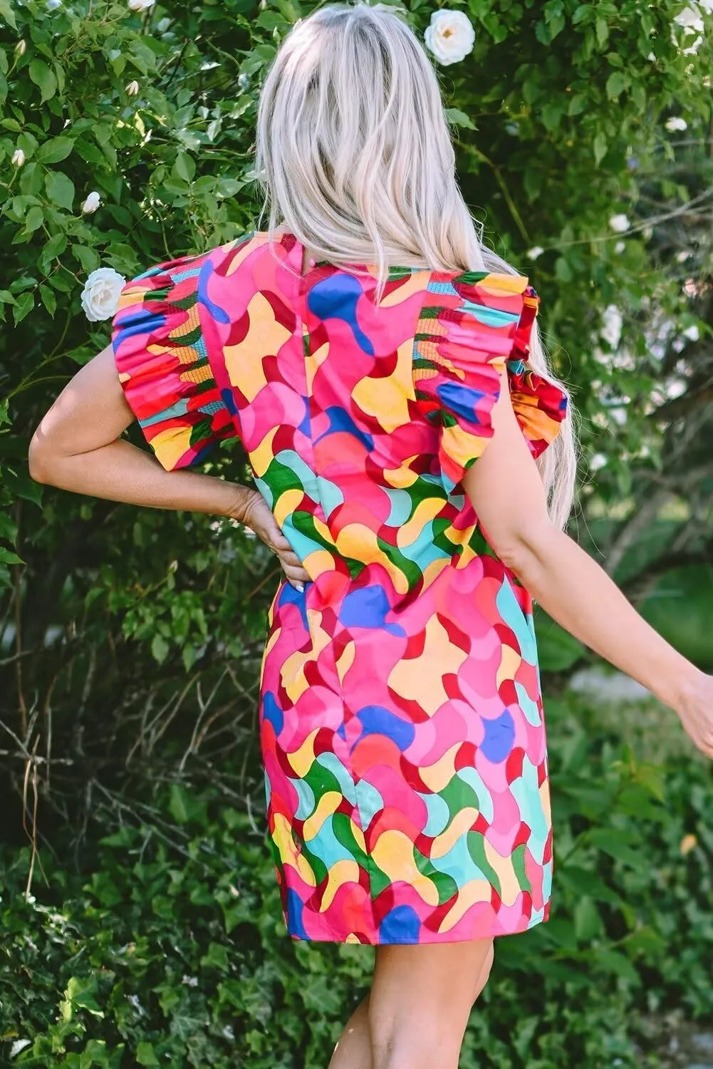 2024 Women's Summer Mini Dress Abstract Print Ruffle Sleeve Shift Dress