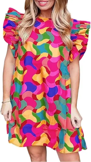 2024 Women's Summer Mini Dress Abstract Print Ruffle Sleeve Shift Dress