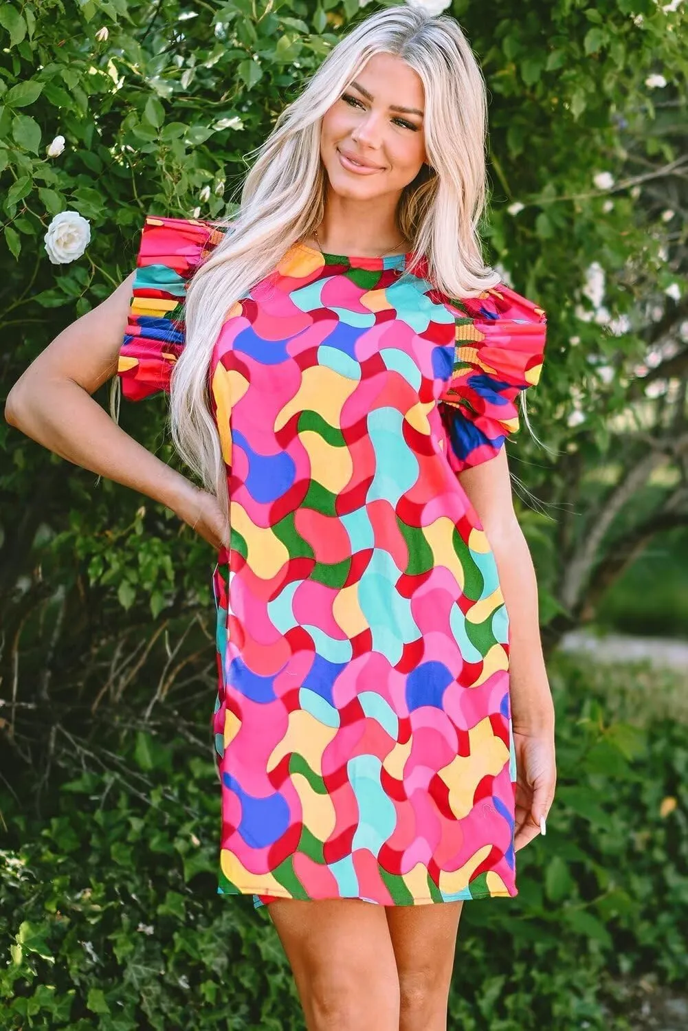 2024 Women's Summer Mini Dress Abstract Print Ruffle Sleeve Shift Dress