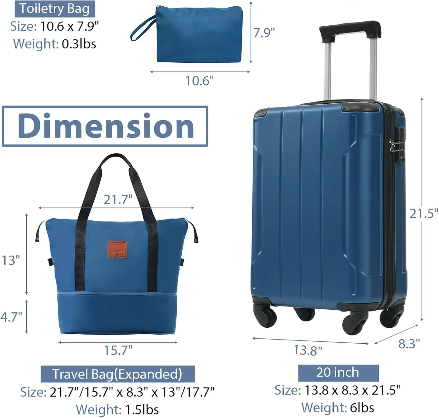 3 Piece Luggage Set - 20'' Hardshell Carry On Suitcase with Spinner Wheels & TSA Lock  Duffel Bag Toiletry Bag| ABS Material | Lightweight Design for Men Women (Blue)