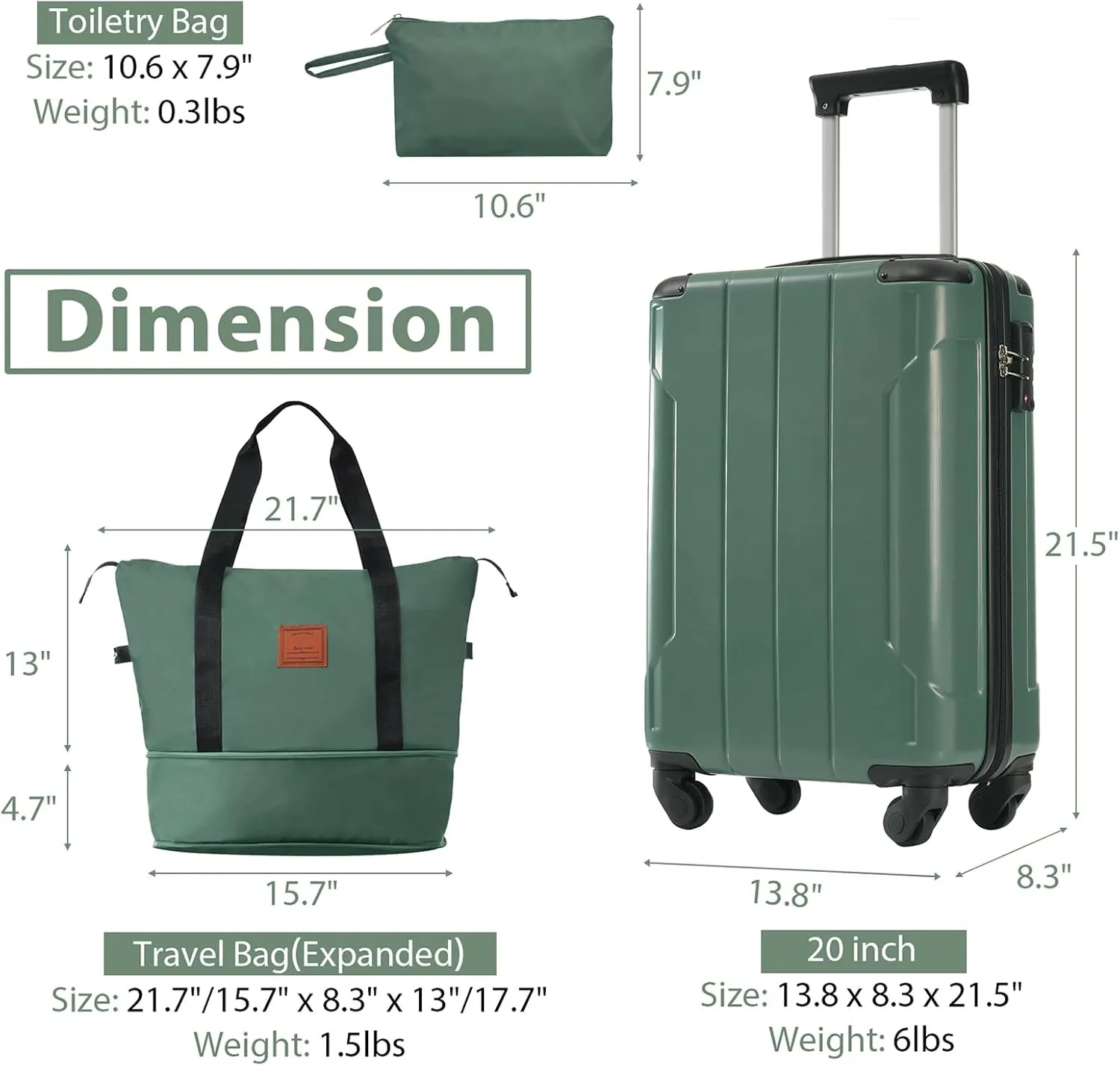 3 Piece Luggage Set - 20'' Hardshell Carry On Suitcase with Spinner Wheels & TSA Lock  Duffel Bag Toiletry Bag| ABS Material | Lightweight Design for Men Women (Green)