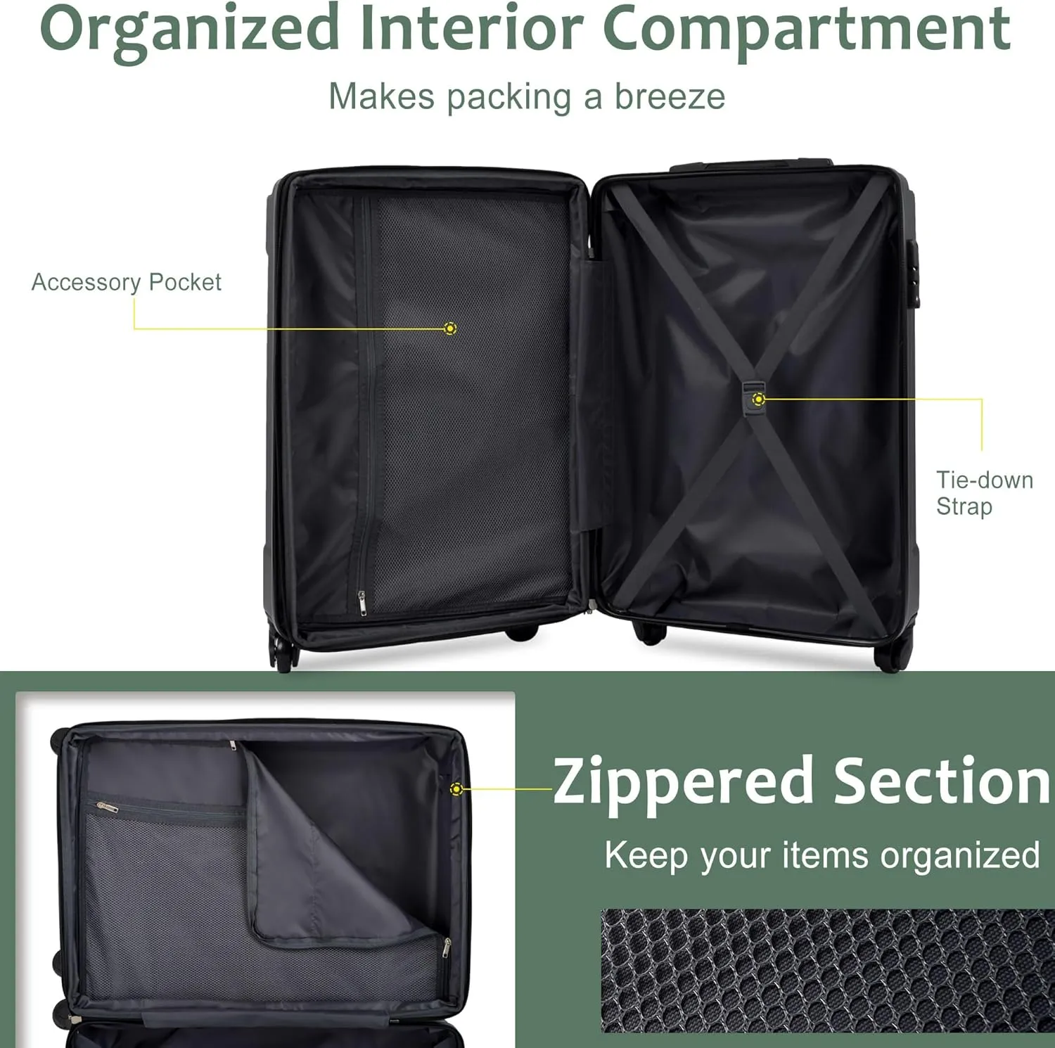 3 Piece Luggage Set - 20'' Hardshell Carry On Suitcase with Spinner Wheels & TSA Lock  Duffel Bag Toiletry Bag| ABS Material | Lightweight Design for Men Women (Green)