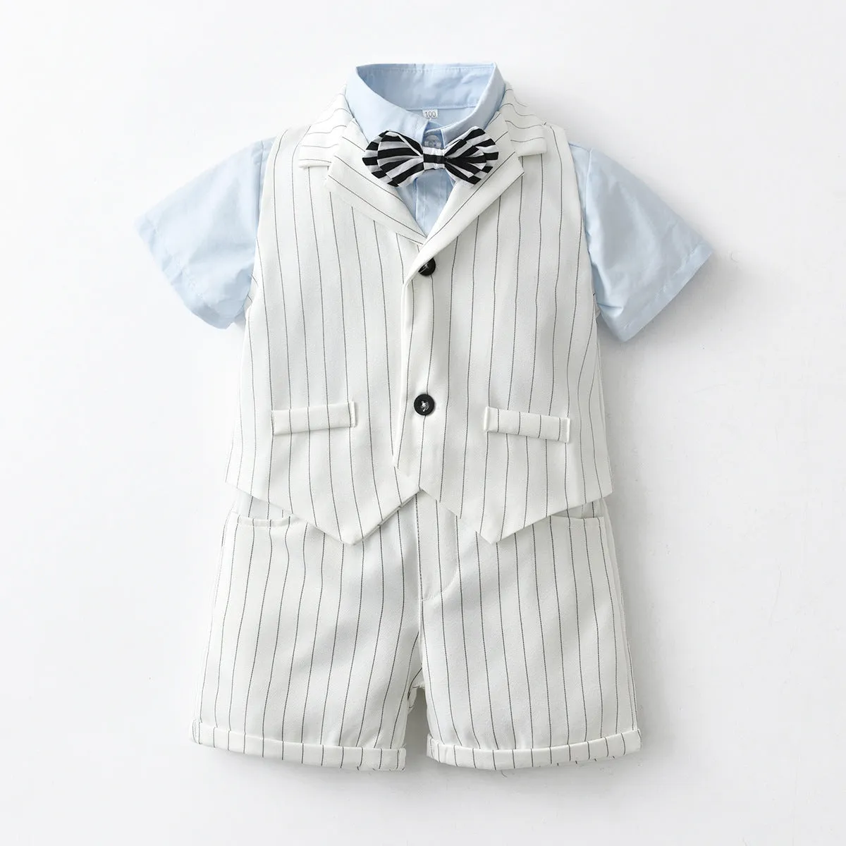 3 Pieces Set Baby Kid Boys Birthday Party Bow Shirts Striped Vests Waistcoats And Shorts Wholesale 220531244