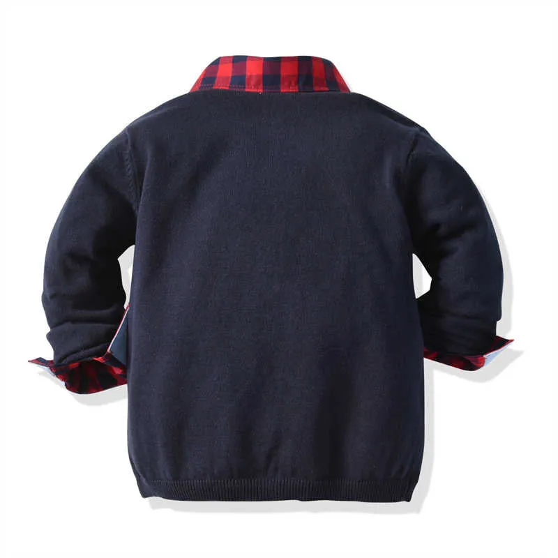 3 Pieces Set Baby Kid Boys Birthday Party Crochet Cardigan Checked Bow Shirts And Solid Color Pants Wholesale 211109487