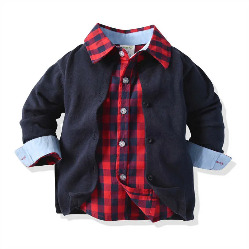 3 Pieces Set Baby Kid Boys Birthday Party Crochet Cardigan Checked Bow Shirts And Solid Color Pants Wholesale 211109487