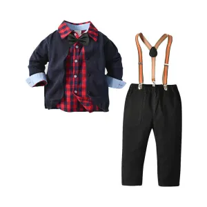 3 Pieces Set Baby Kid Boys Birthday Party Crochet Cardigan Checked Bow Shirts And Solid Color Pants Wholesale 211109487