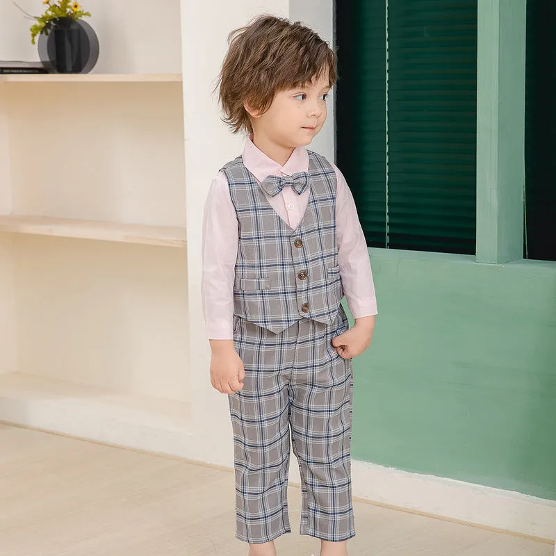 3 Pieces Set Baby Kid Boys Birthday Party Solid Color Bow Shirts Checked Vests Waistcoats And Pants Wholesale 221216445