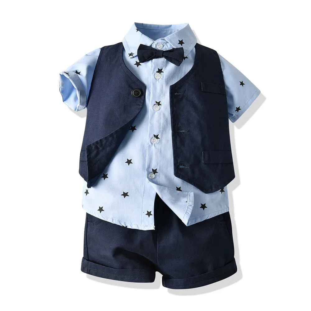 3 Pieces Set Baby Kid Boys Dressy Birthday Party Star Bow Print Shirts Solid Color Vests Waistcoats And Shorts Wholesale 22121459