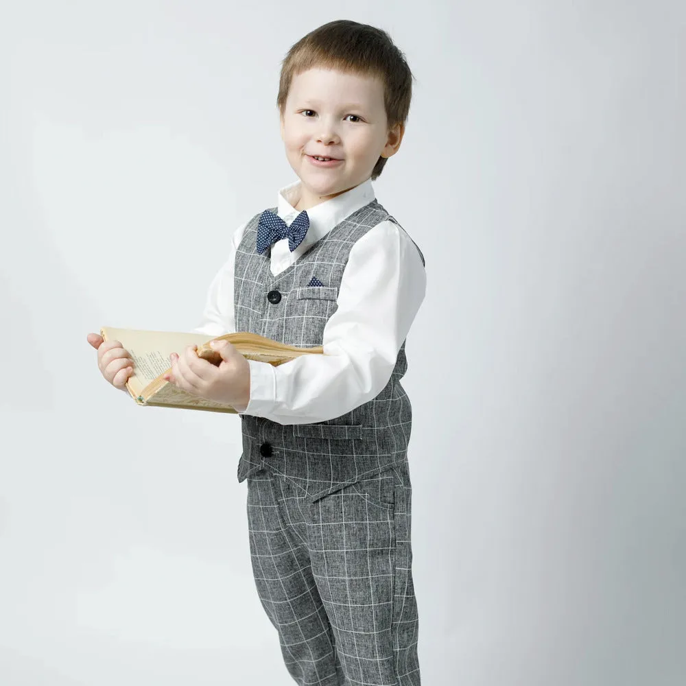 3 Pieces Set Baby Kid Boys Dressy Checked Vests Waistcoats And Solid Color Bow Shirts And Pants Suits Wholesale 230308592