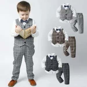 3 Pieces Set Baby Kid Boys Dressy Checked Vests Waistcoats And Solid Color Bow Shirts And Pants Suits Wholesale 230308592
