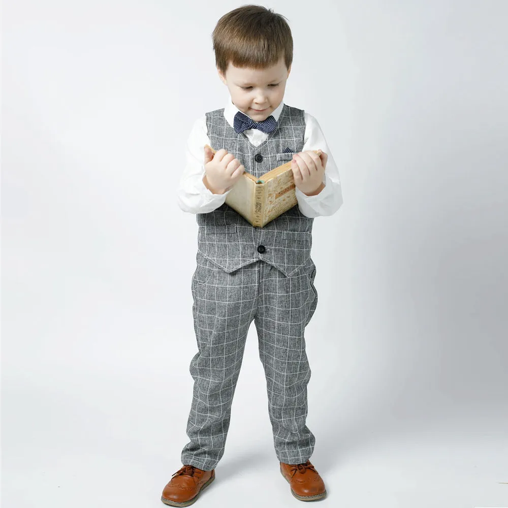 3 Pieces Set Baby Kid Boys Dressy Checked Vests Waistcoats And Solid Color Bow Shirts And Pants Suits Wholesale 230308592