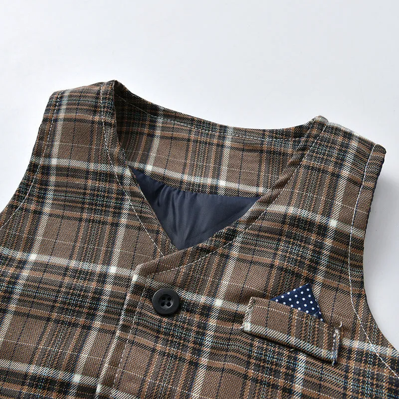3 Pieces Set Baby Kid Boys Dressy Checked Vests Waistcoats And Solid Color Bow Shirts And Pants Suits Wholesale 230308592