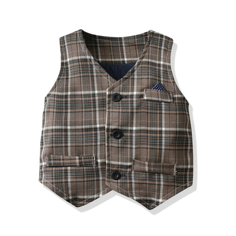 3 Pieces Set Baby Kid Boys Dressy Checked Vests Waistcoats And Solid Color Bow Shirts And Pants Suits Wholesale 230308592