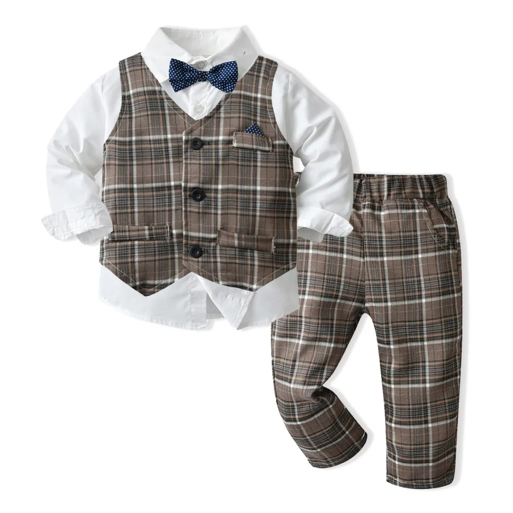 3 Pieces Set Baby Kid Boys Dressy Checked Vests Waistcoats And Solid Color Bow Shirts And Pants Suits Wholesale 230308592
