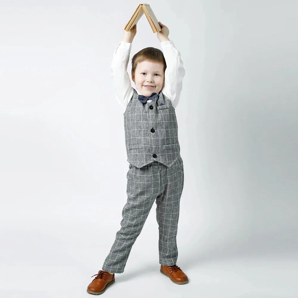 3 Pieces Set Baby Kid Boys Dressy Checked Vests Waistcoats And Solid Color Bow Shirts And Pants Suits Wholesale 230308592