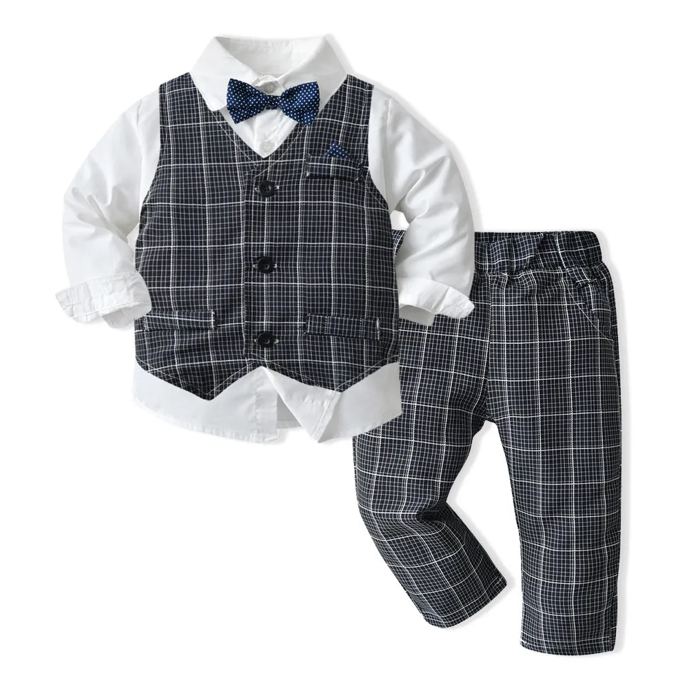 3 Pieces Set Baby Kid Boys Dressy Checked Vests Waistcoats And Solid Color Bow Shirts And Pants Suits Wholesale 230308592