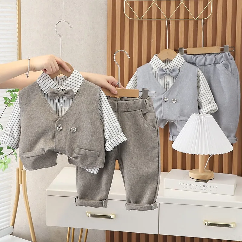 3 Pieces Set Baby Kid Boys Dressy Striped Bow Shirts Vests Waistcoats And Trousers Suits Wholesale 220929491