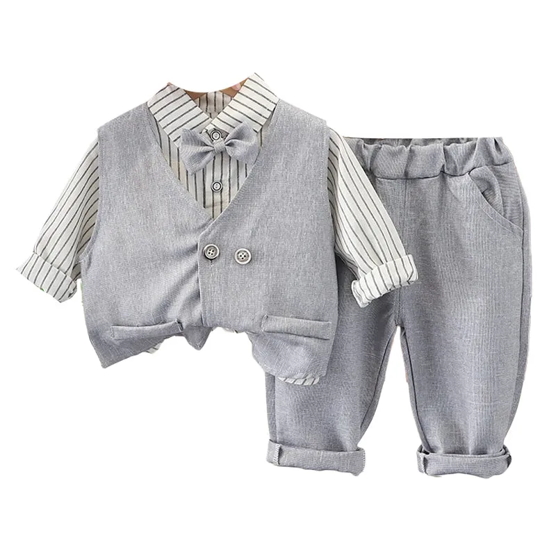 3 Pieces Set Baby Kid Boys Dressy Striped Bow Shirts Vests Waistcoats And Trousers Suits Wholesale 220929491