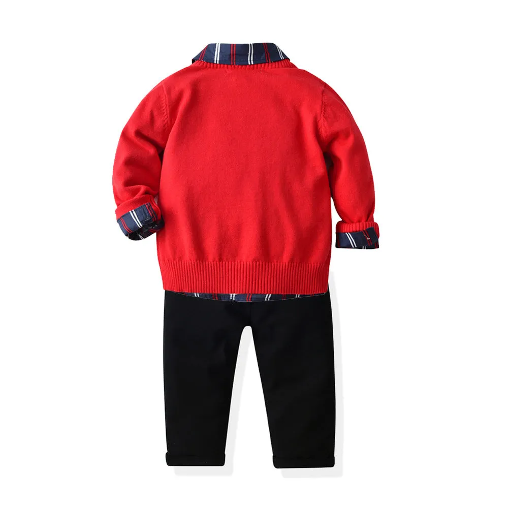 3 Pieces Set Baby Kid Boys Striped Bow Shirts Solid Color Pants And Crochet Sweaters Wholesale 211109284
