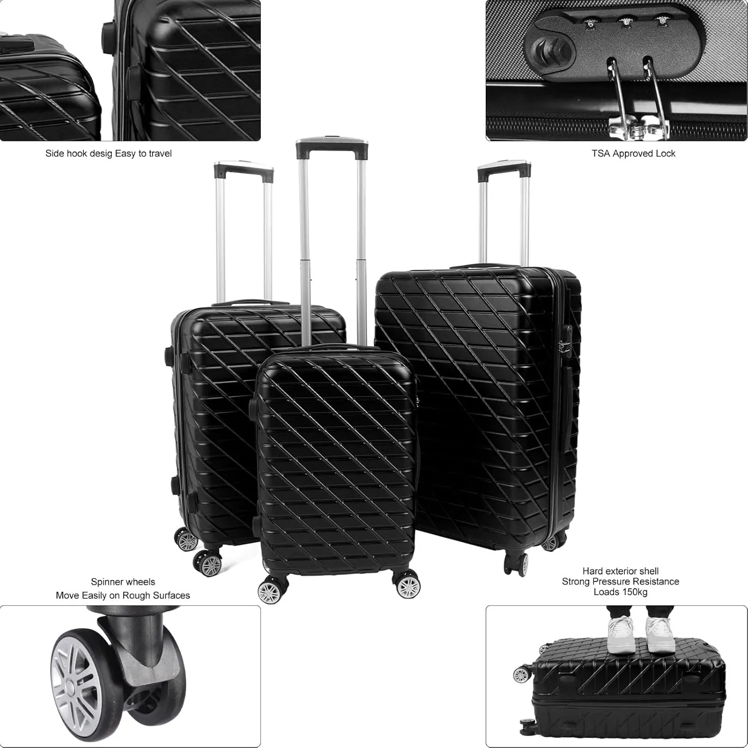 3PCS Luggage Set Spinner Wheel Hardshell Suitcase Lightweight with TSA Lock 150kg Load Capacity 20in 24in 28in (Black)