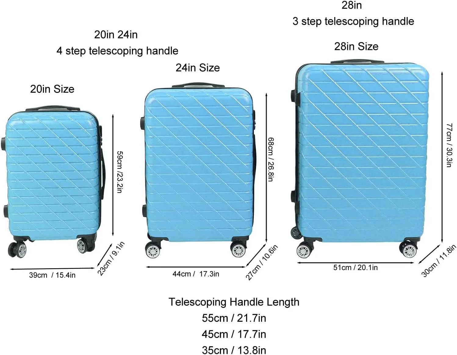 3PCS Luggage Set Spinner Wheel Hardshell Suitcase Lightweight with TSA Lock 150kg Load Capacity 20in 24in 28in (Blue)
