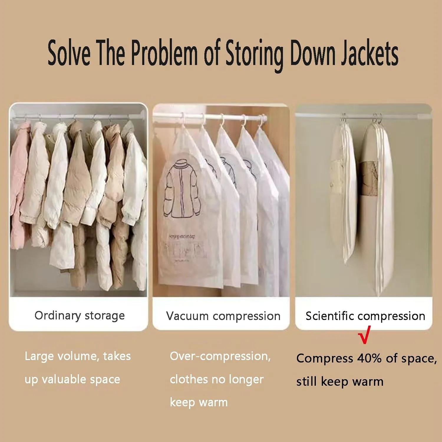 3PCS Space Saving Hanging Garment Bags, Self Compression Zipper Storage for Down Coats Jackets, for Travel & Home Storage