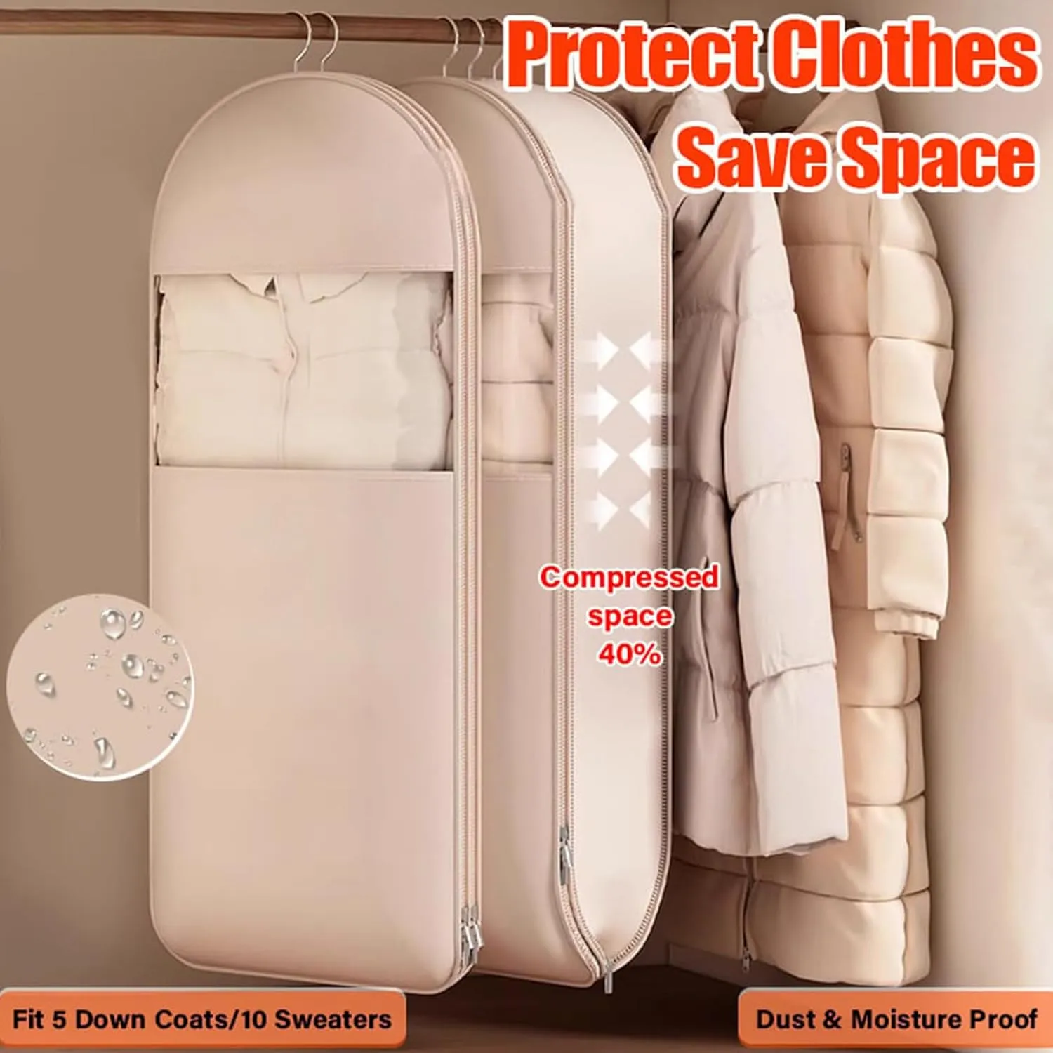 3PCS Space Saving Hanging Garment Bags, Self Compression Zipper Storage for Down Coats Jackets, for Travel & Home Storage