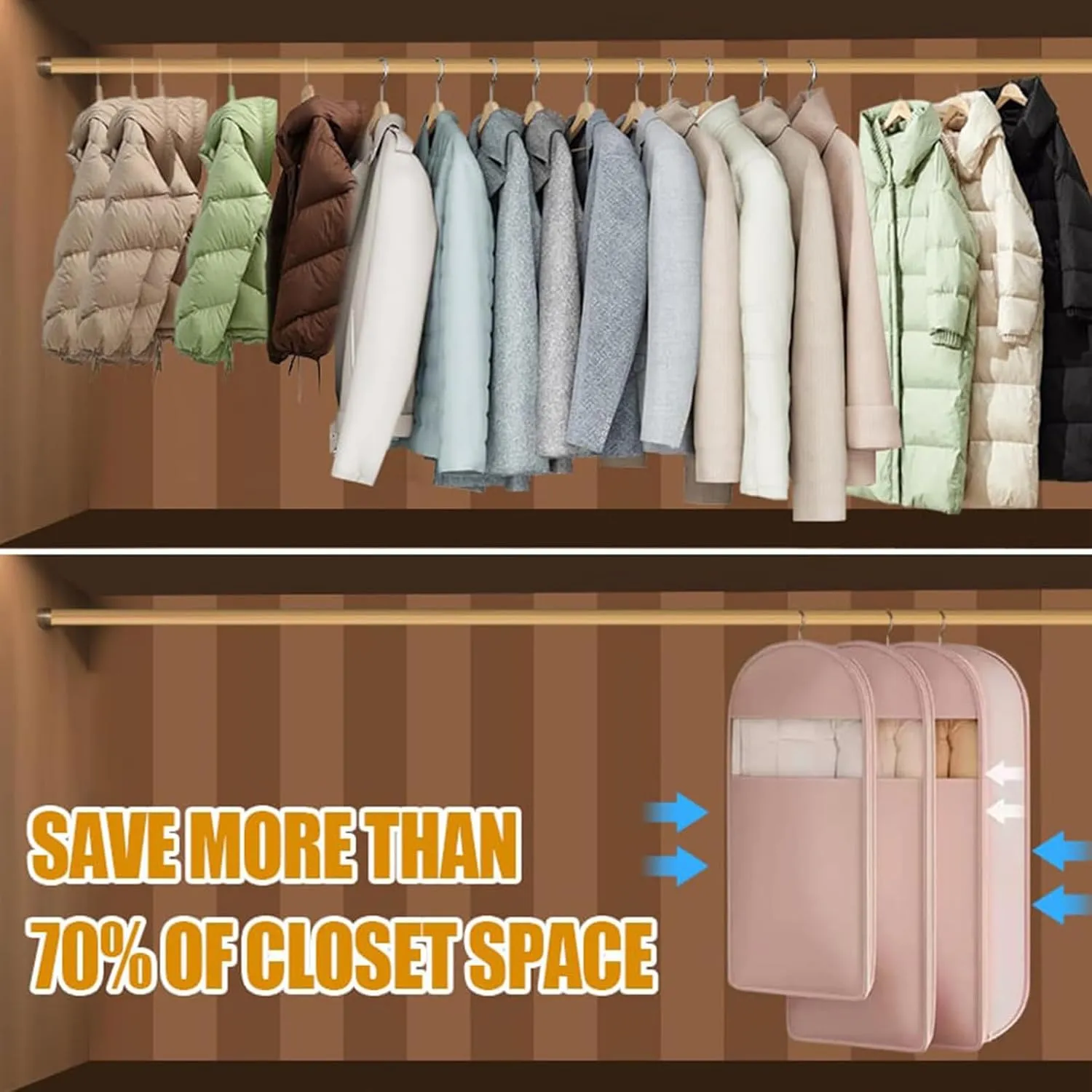 3PCS Space Saving Hanging Garment Bags, Self Compression Zipper Storage for Down Coats Jackets, for Travel & Home Storage