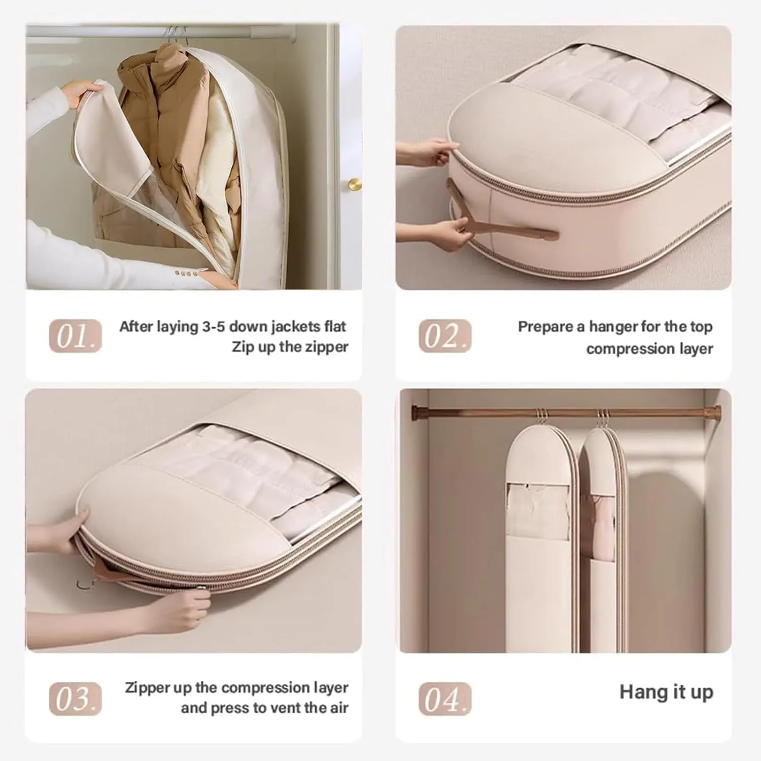3PCS Space Saving Hanging Garment Bags, Self Compression Zipper Storage for Down Coats Jackets, for Travel & Home Storage