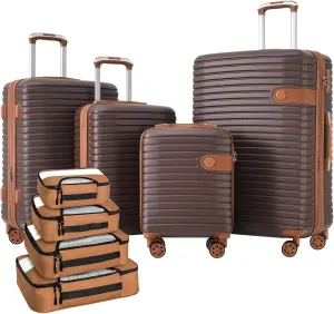 4 Piece Luggage Sets with 4 Packing Cubes Lightweight Hard Shell Travel Luggage with TSA Lock and Double Spinner Wheels ABS Expandable Suitcases(only 24/28) Brown