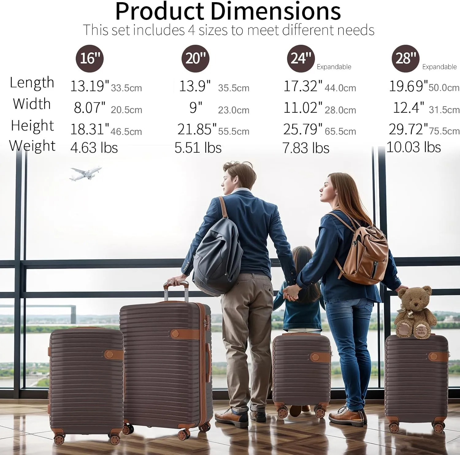 4 Piece Luggage Sets with 4 Packing Cubes Lightweight Hard Shell Travel Luggage with TSA Lock and Double Spinner Wheels ABS Expandable Suitcases(only 24/28) Brown