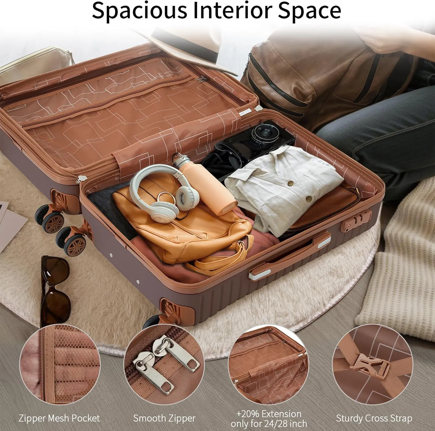 4 Piece Luggage Sets with 4 Packing Cubes Lightweight Hard Shell Travel Luggage with TSA Lock and Double Spinner Wheels ABS Expandable Suitcases(only 24/28) Brown