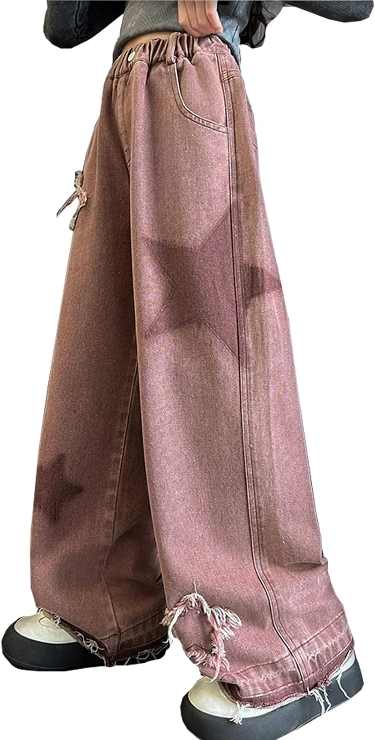 5-14 yrs Kids Girls Jeans Distressed Elastic Waist Baggy Denim Wide Leg Pants Trousers