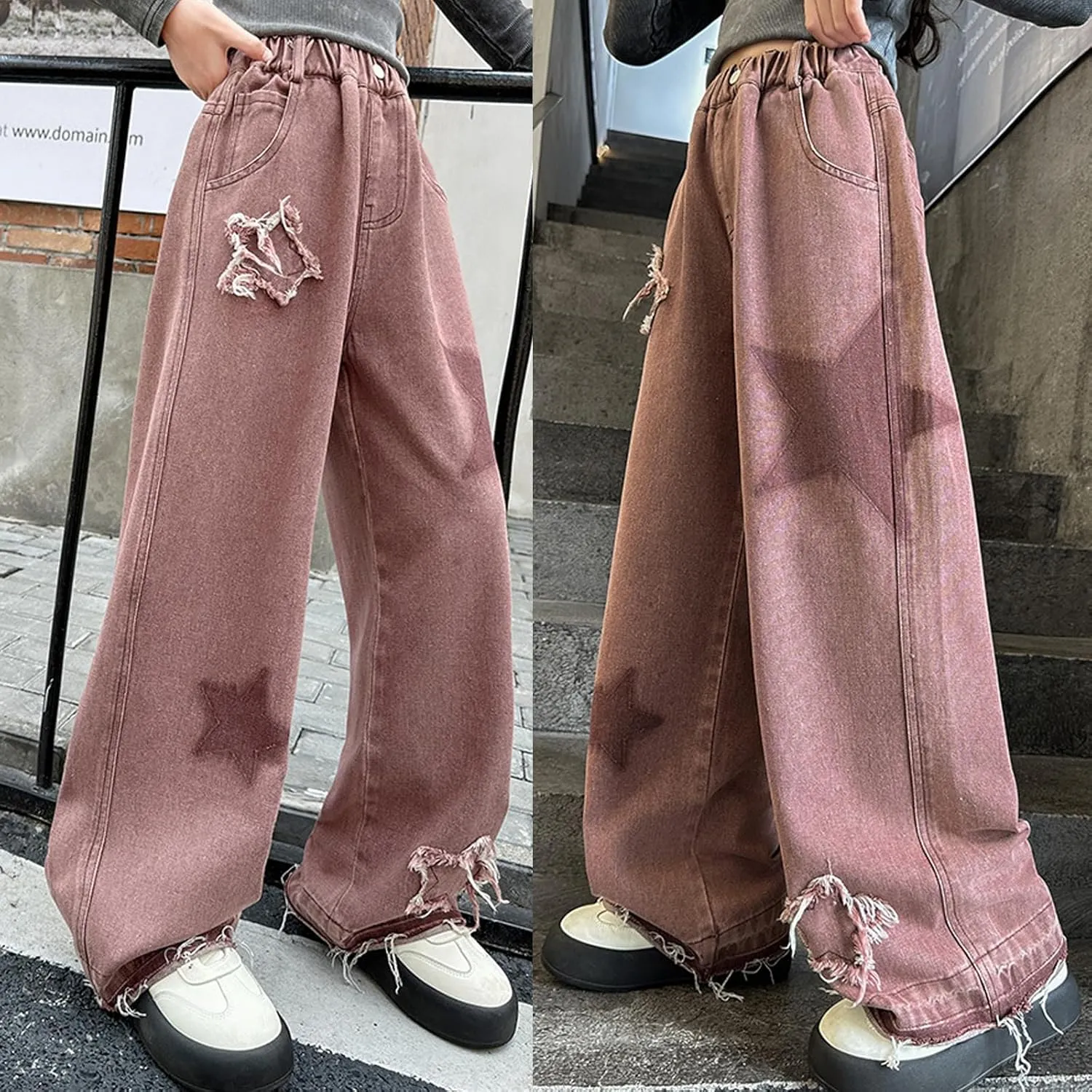 5-14 yrs Kids Girls Jeans Distressed Elastic Waist Baggy Denim Wide Leg Pants Trousers