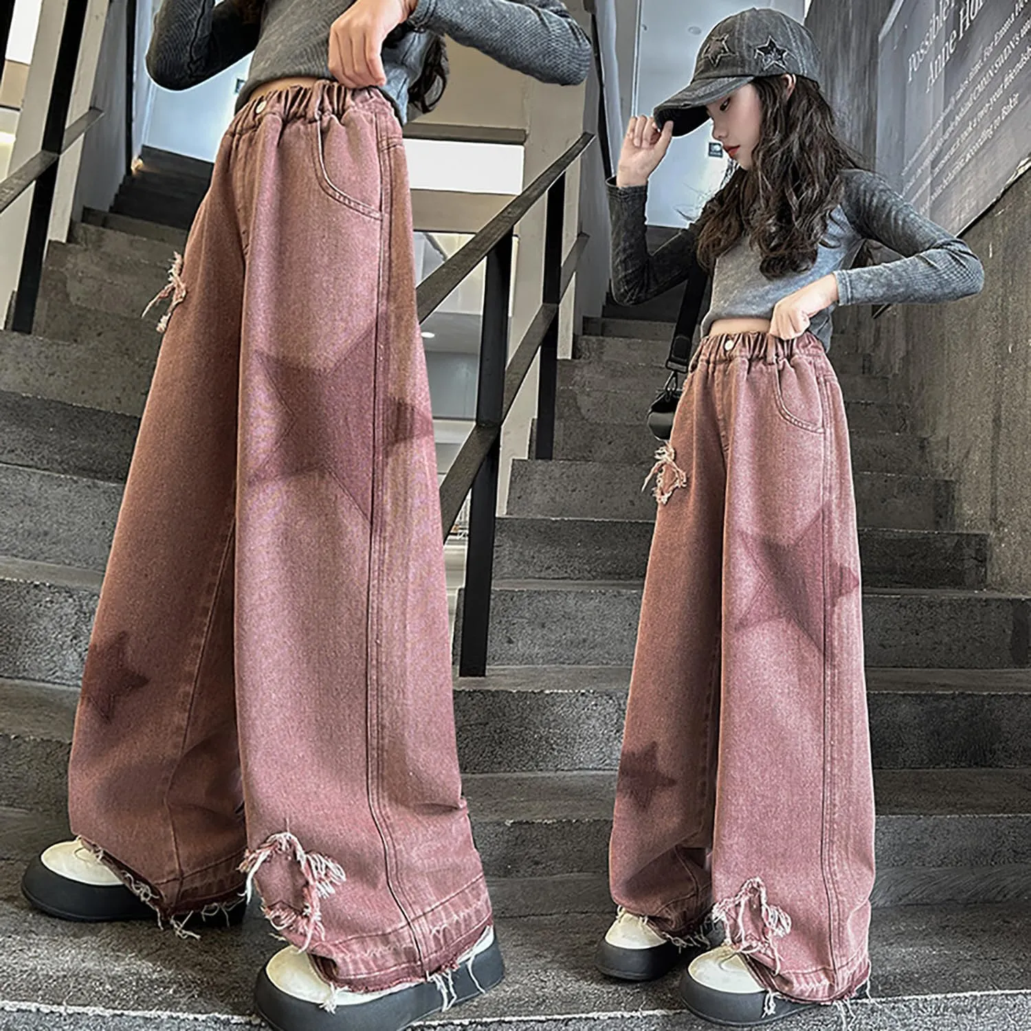 5-14 yrs Kids Girls Jeans Distressed Elastic Waist Baggy Denim Wide Leg Pants Trousers