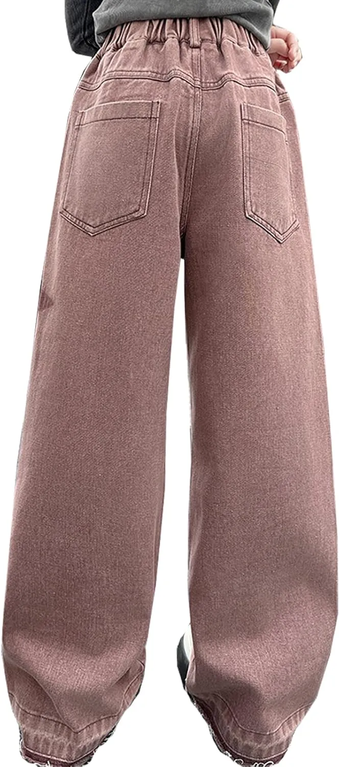 5-14 yrs Kids Girls Jeans Distressed Elastic Waist Baggy Denim Wide Leg Pants Trousers